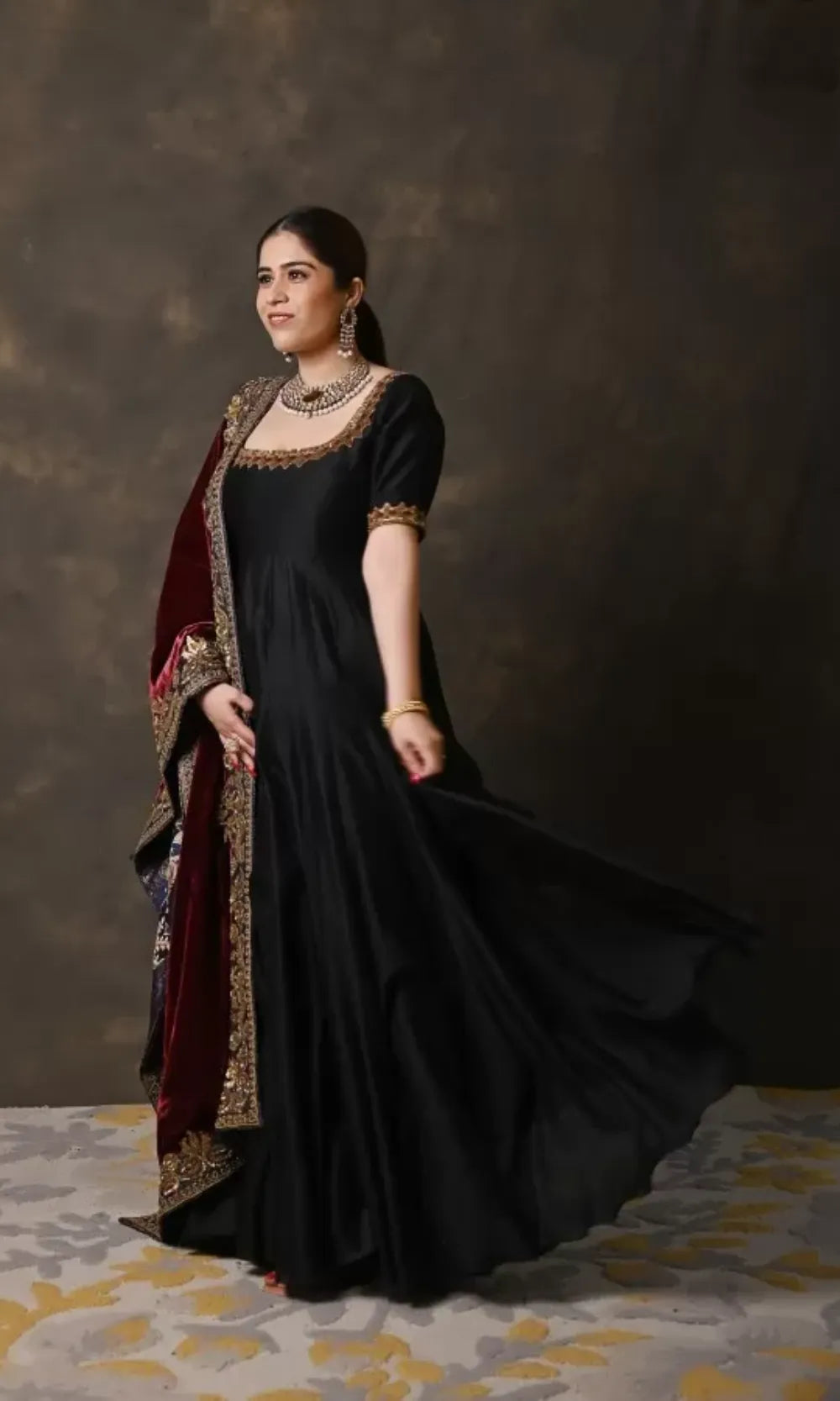 Black Chanderi Anarkali with Wine Velvet stole