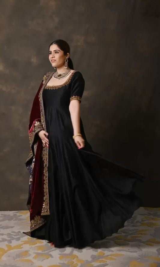 Black Chanderi Anarkali with Wine Velvet stole