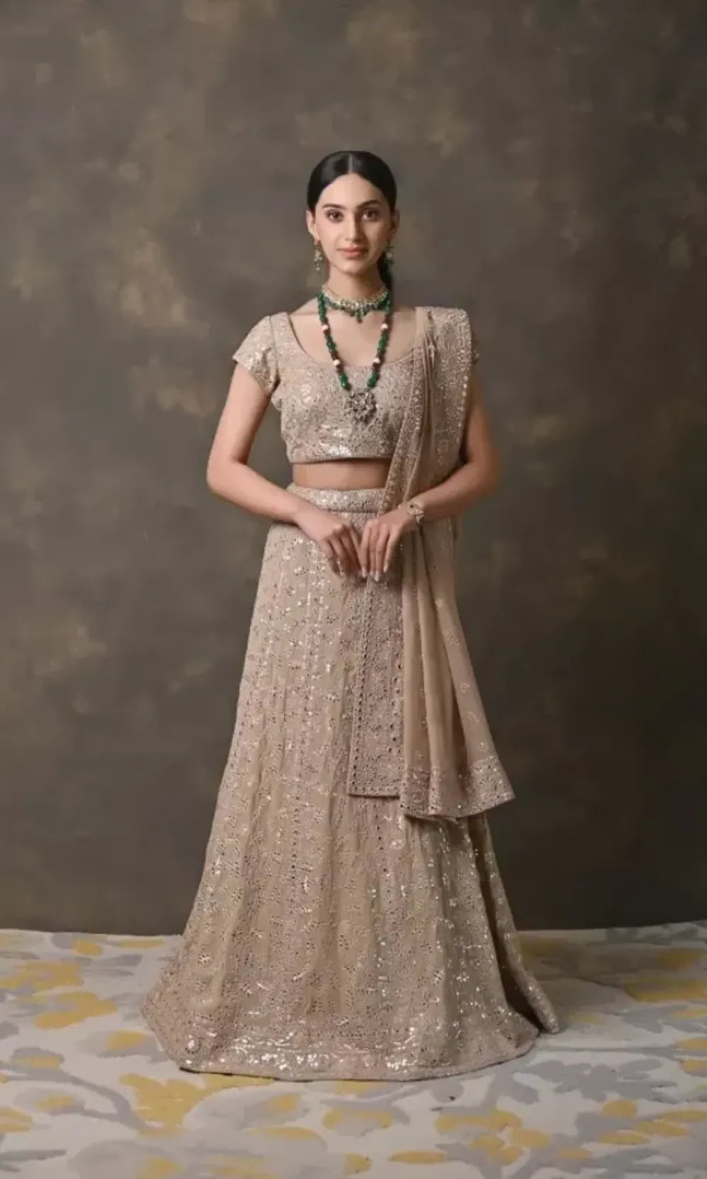 Beige Mirror & Sequin Handworked Georgette Lehenga Set