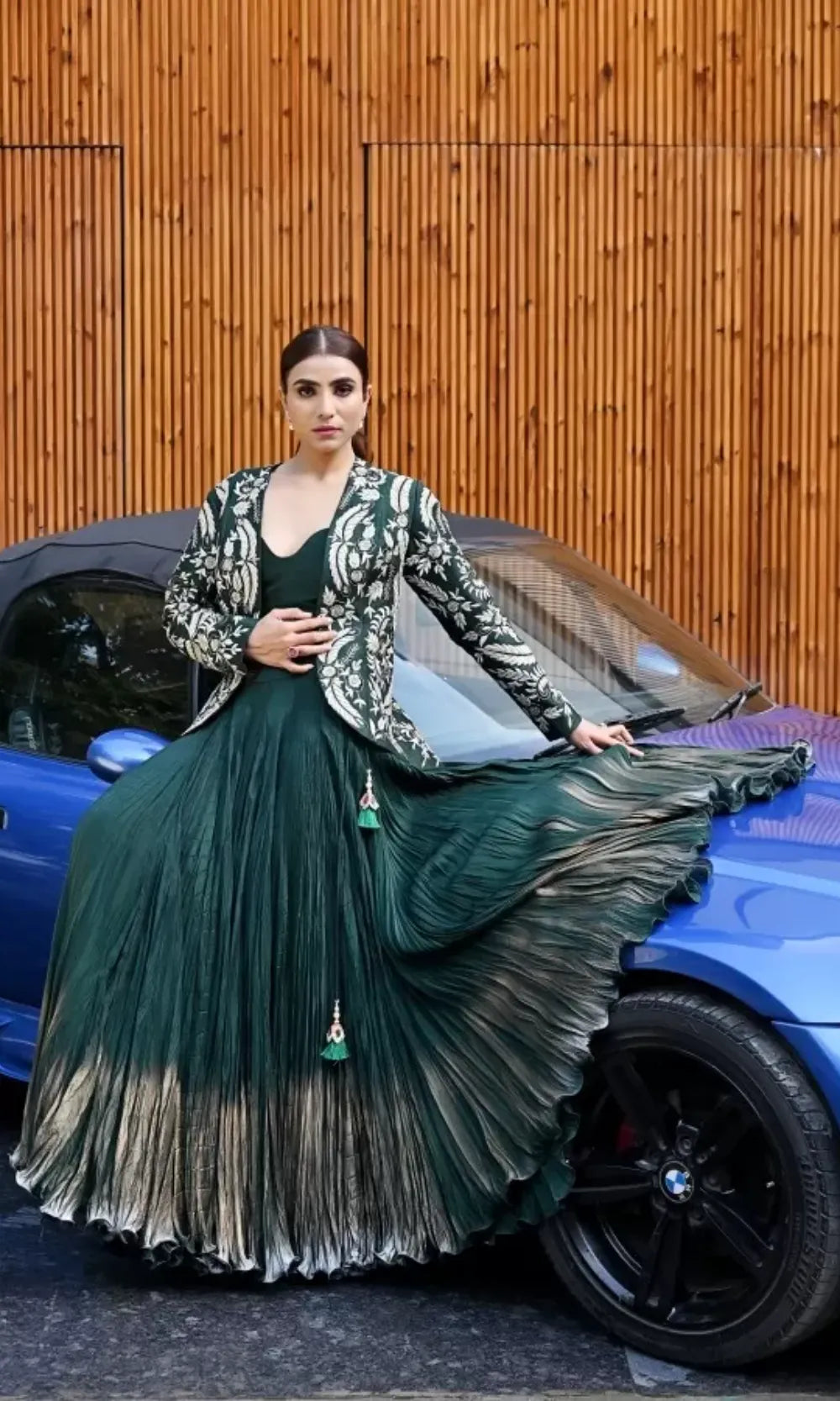 Bottle Green Crushed Skirt Set with Peplum Jacket