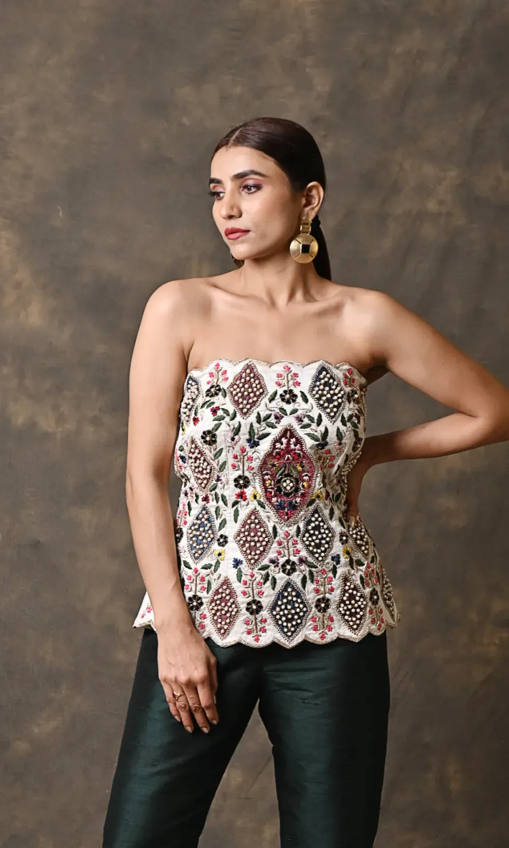 Royal Pearl Zardosi Corset with bottle green pants