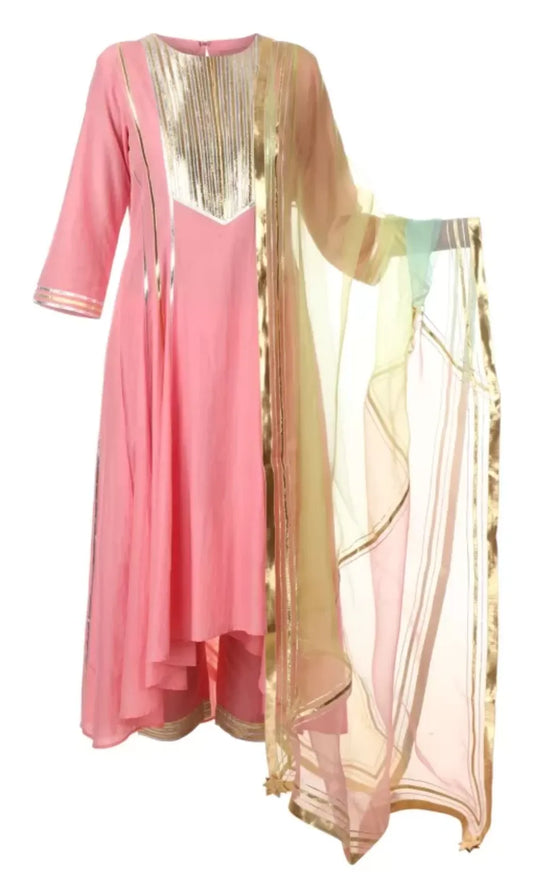 Pink Cotton Silk Kurta Set with Gold & Silver Gotta Work