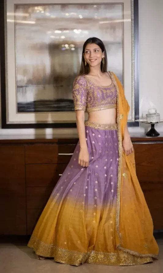 Royal Mustard & Purple Ombre Embroidered Lehenga Set