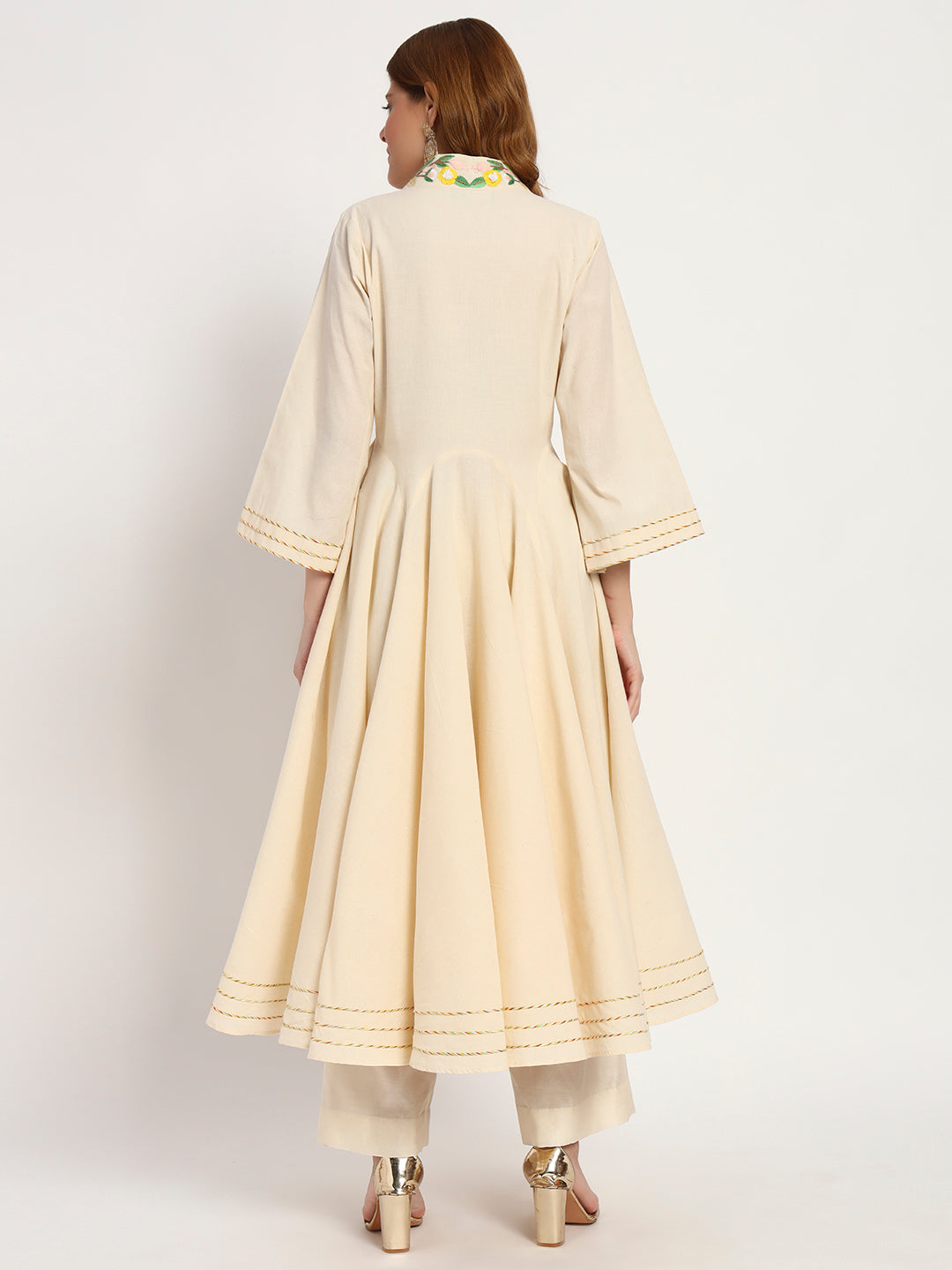 Ivory Organic-Cotton Floral-Neck Anarkali