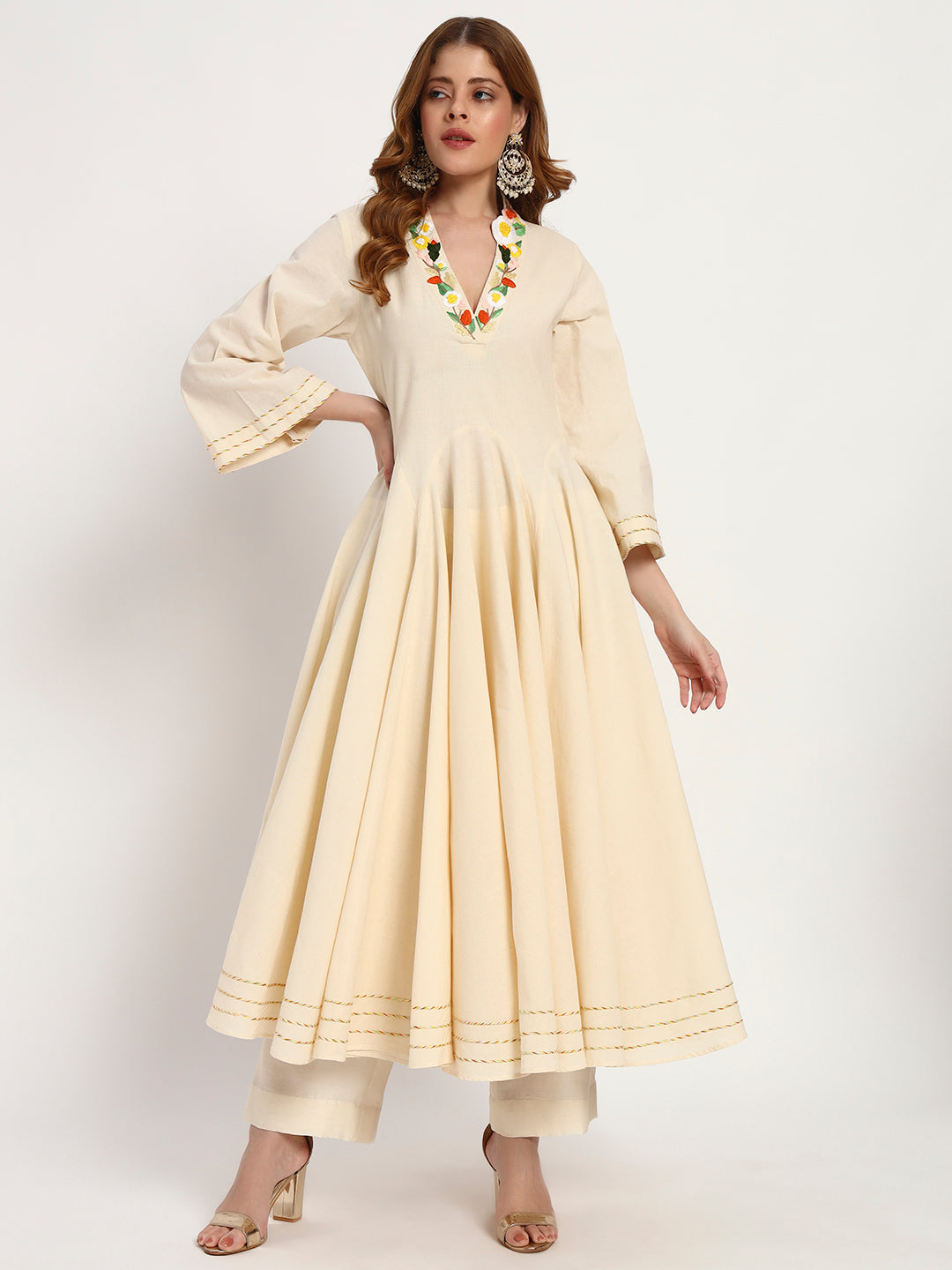 Ivory Organic-Cotton Floral-Neck Anarkali