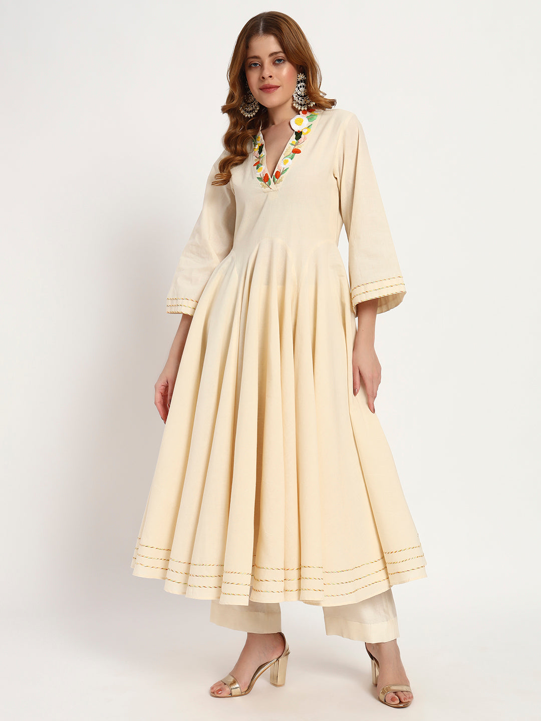 Ivory Organic-Cotton Floral-Neck Anarkali