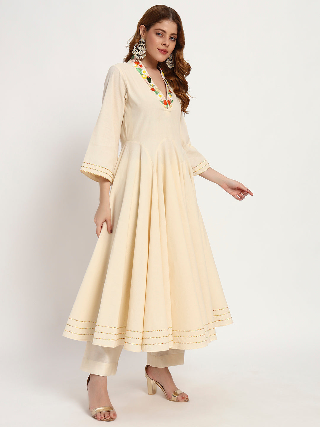 Ivory Organic-Cotton Floral-Neck Anarkali