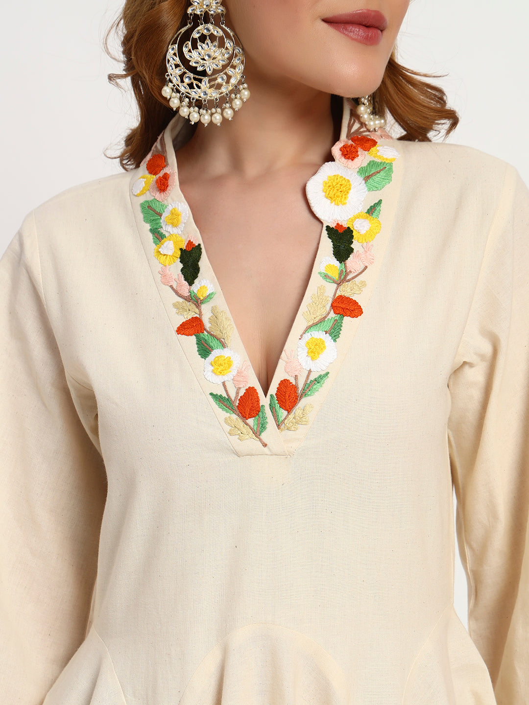 Ivory Organic-Cotton Floral-Neck Anarkali