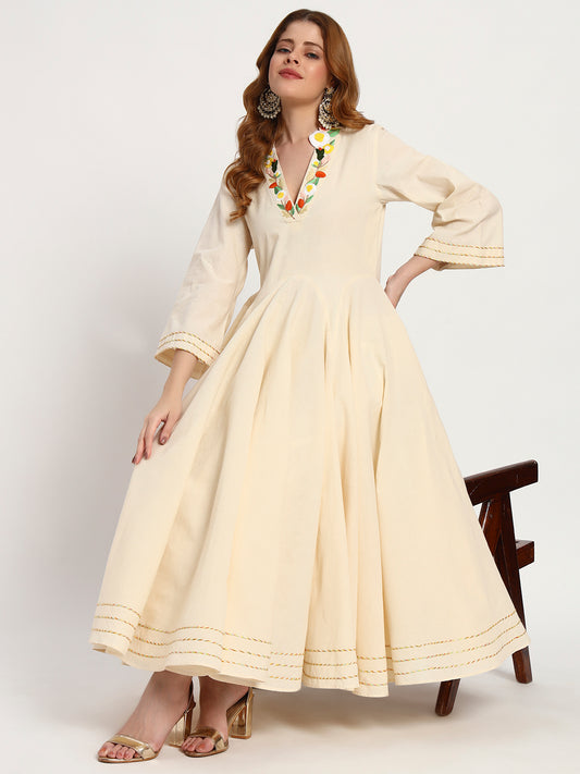 Ivory Organic-Cotton Floral-Neck Anarkali