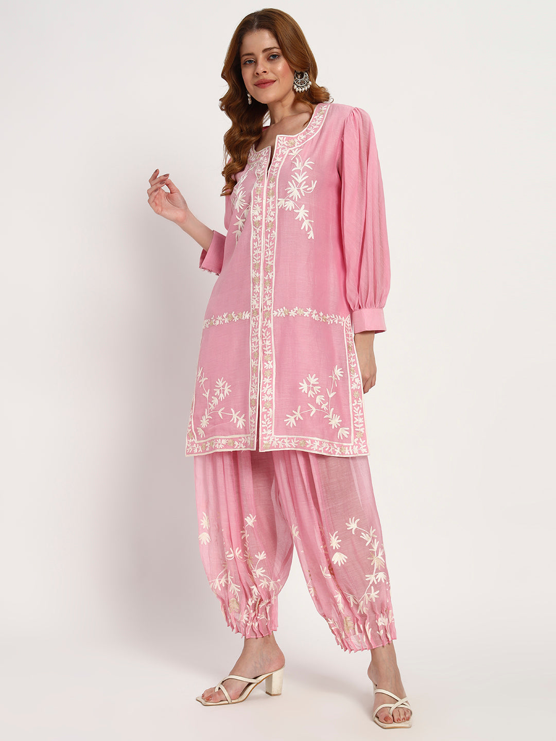Blush Cotton-Silk Floral Kurta & Ruched Salwar Set