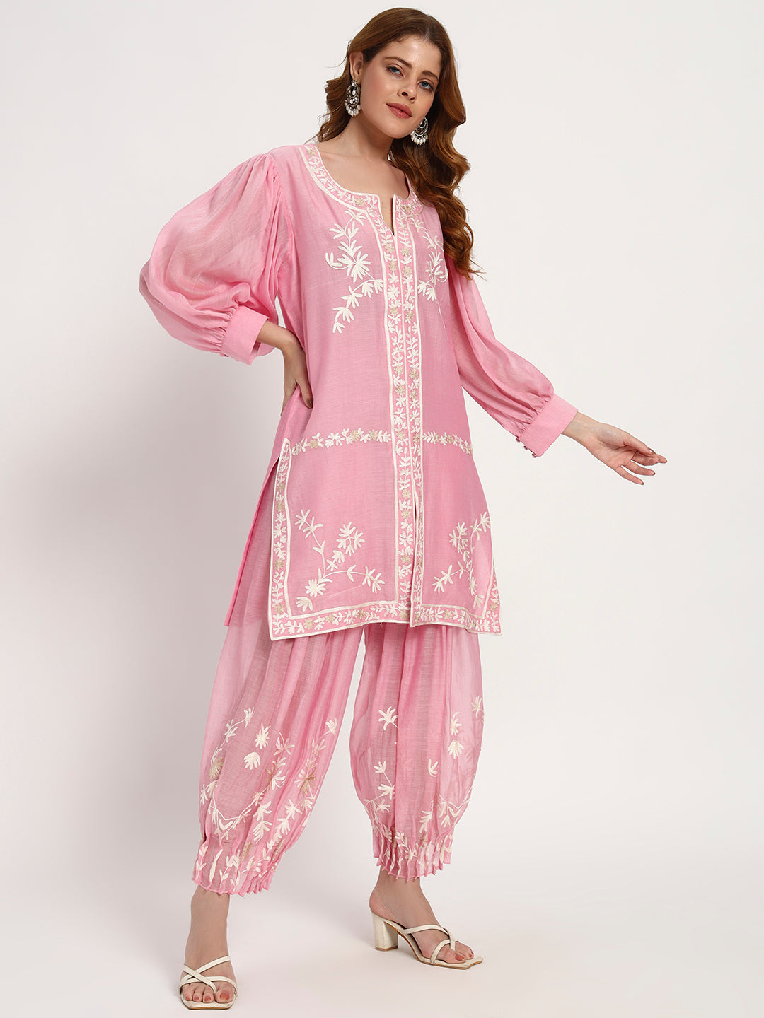 Blush Cotton-Silk Floral Kurta & Ruched Salwar Set