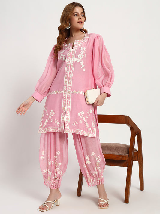 Blush Cotton-Silk Floral Kurta & Ruched Salwar Set