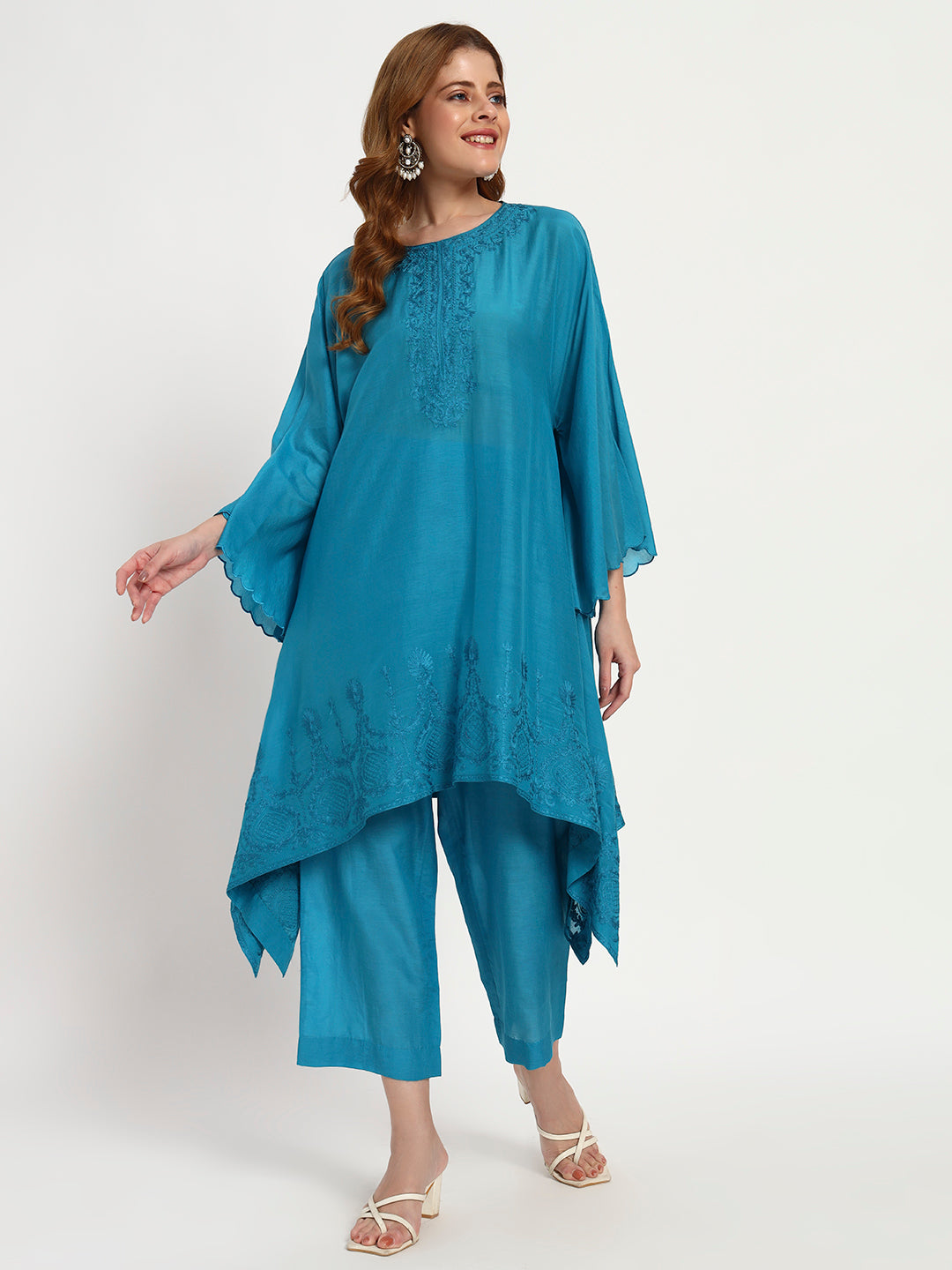 Teal Blue Cotton-Silk Kaftan Set