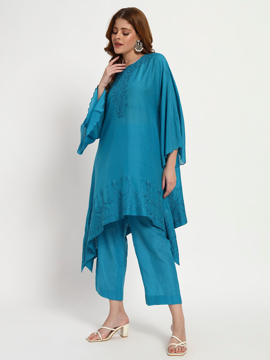 Teal Blue Cotton-Silk Kaftan Set
