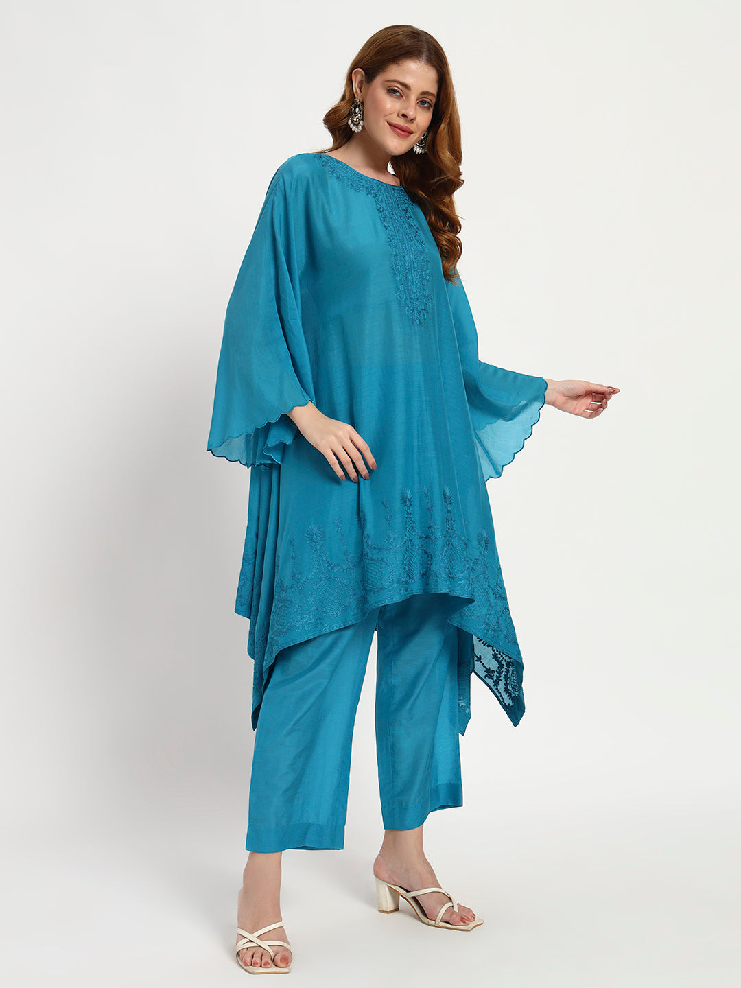 Teal Blue Cotton-Silk Kaftan Set