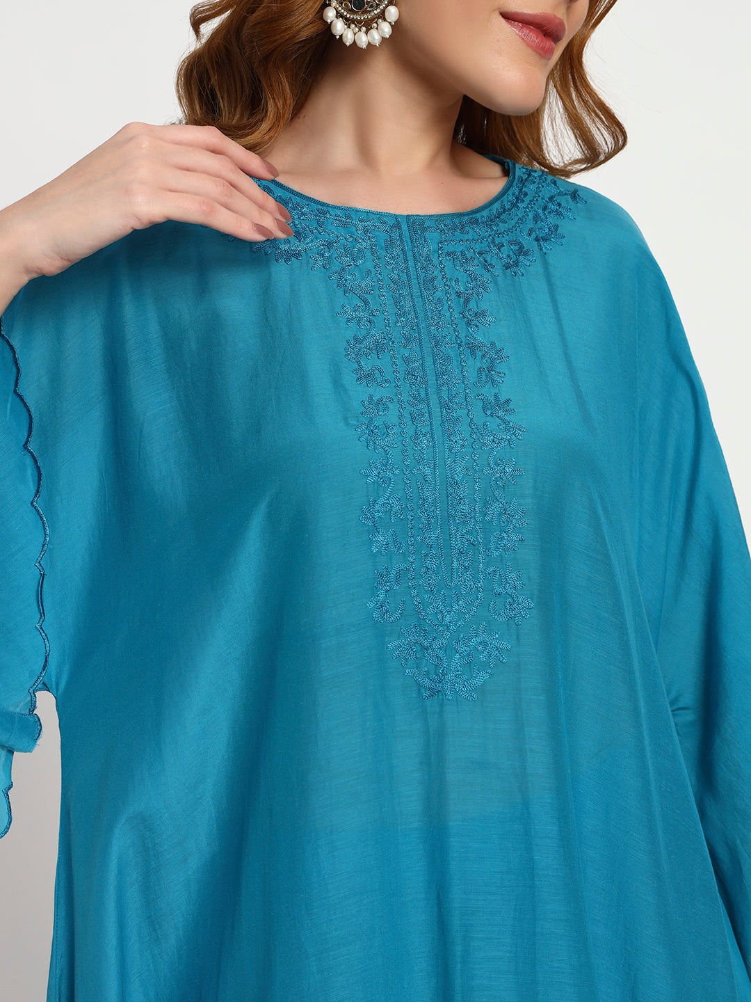 Teal Blue Cotton-Silk Kaftan Set