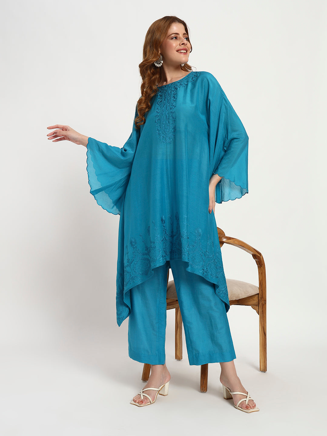 Teal Blue Cotton-Silk Kaftan Set