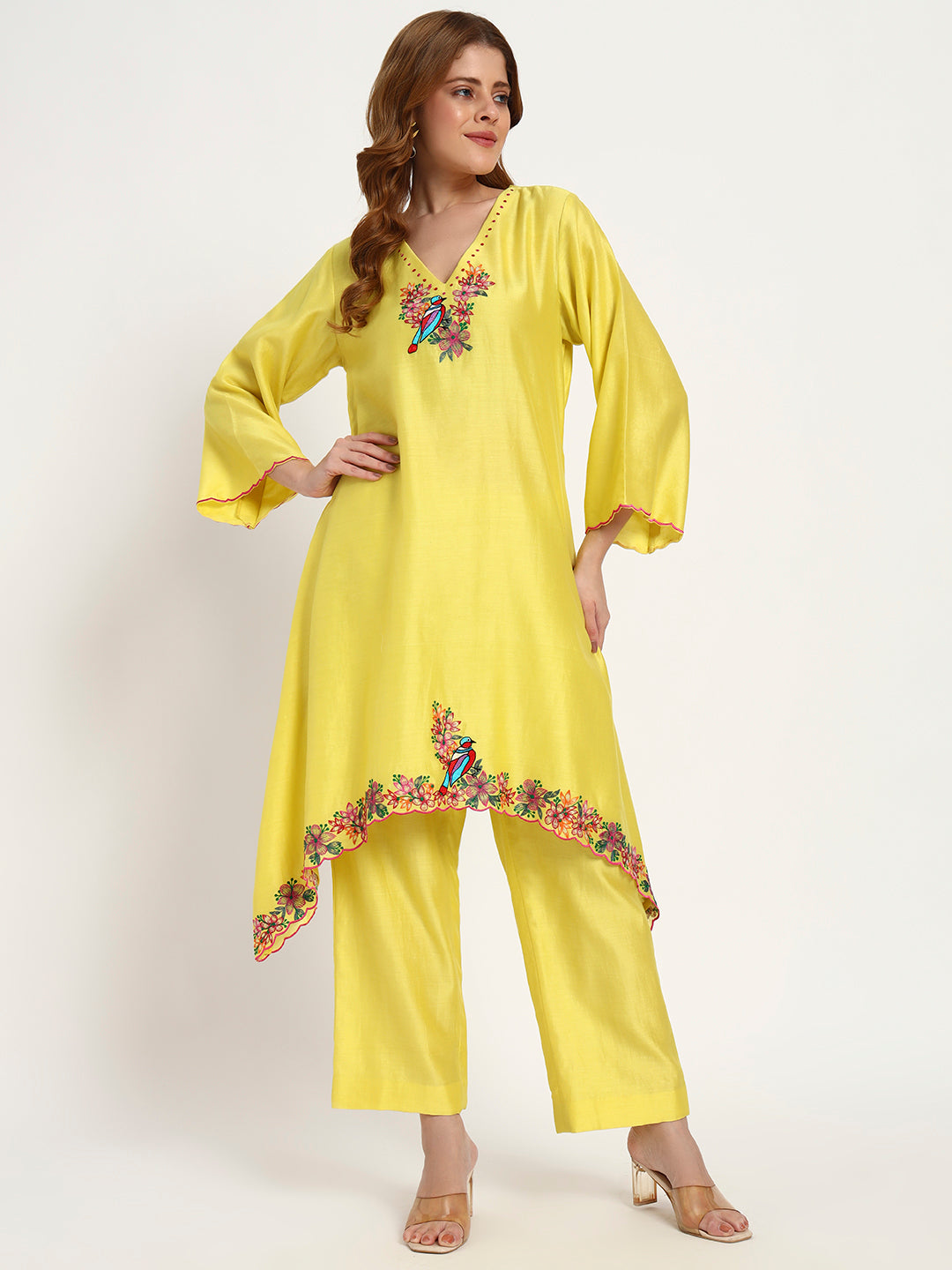 Marigold Silk-Chanderi Bird-Embroidered Kurta Set