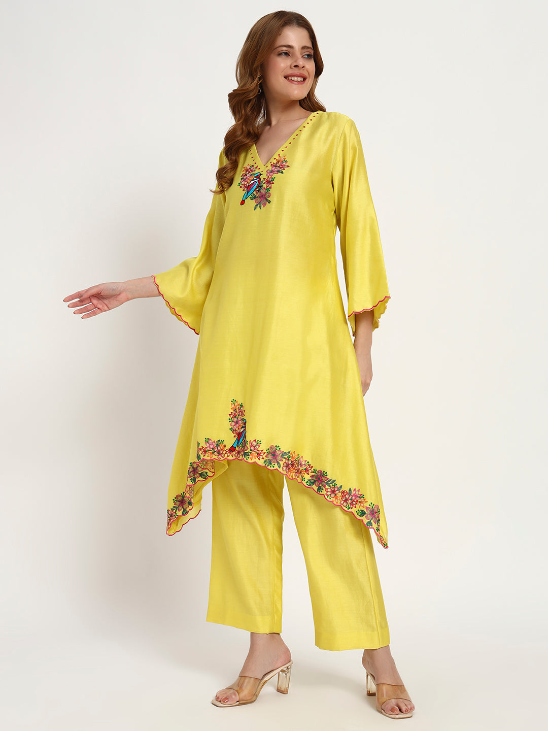 Marigold Silk-Chanderi Bird-Embroidered Kurta Set