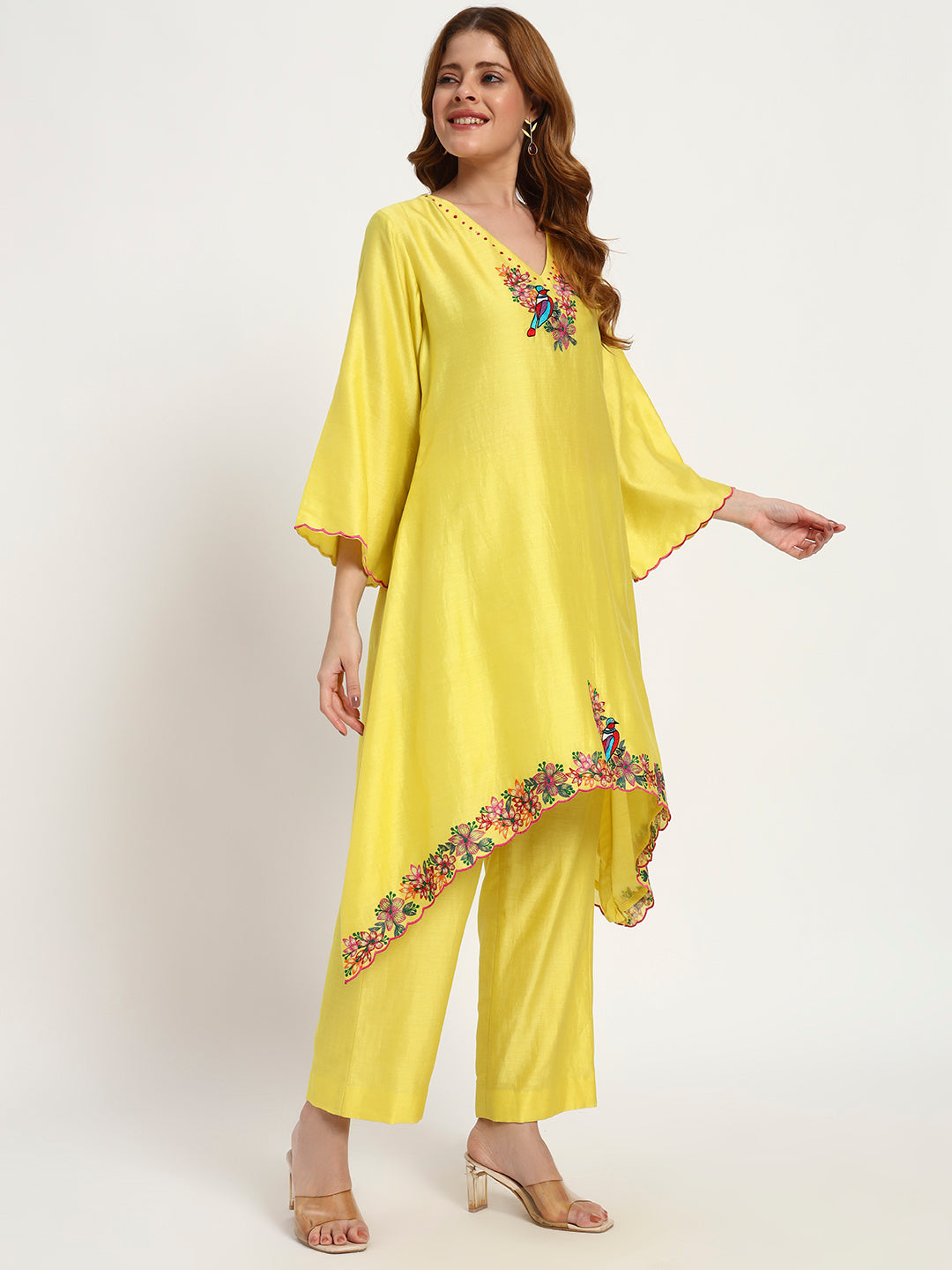Marigold Silk-Chanderi Bird-Embroidered Kurta Set