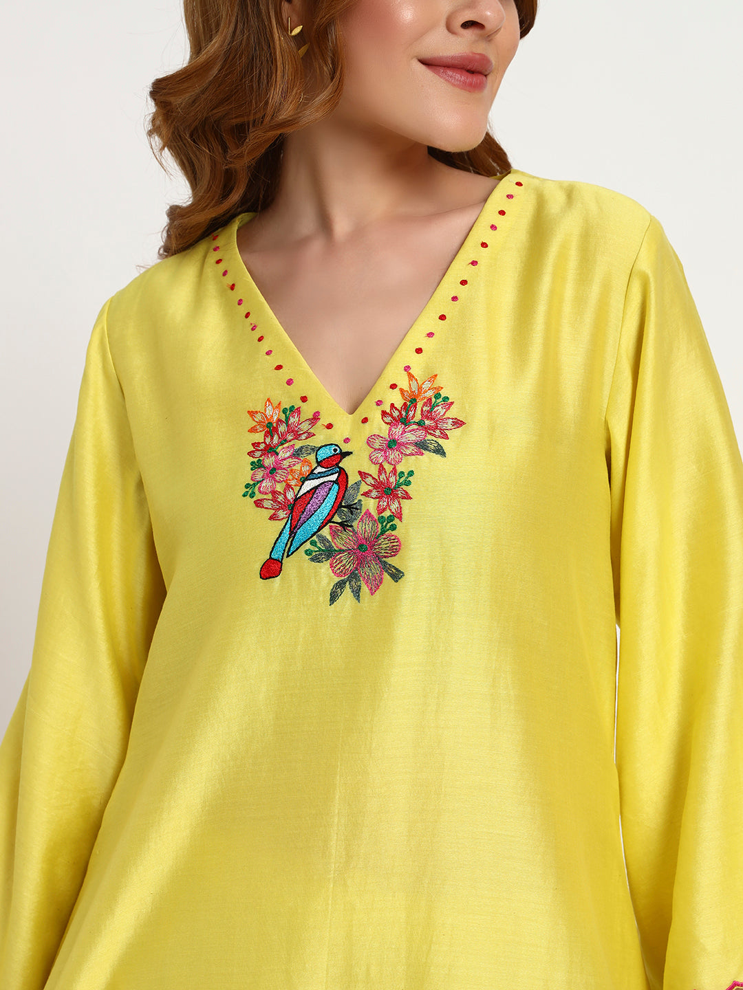 Marigold Silk-Chanderi Bird-Embroidered Kurta Set