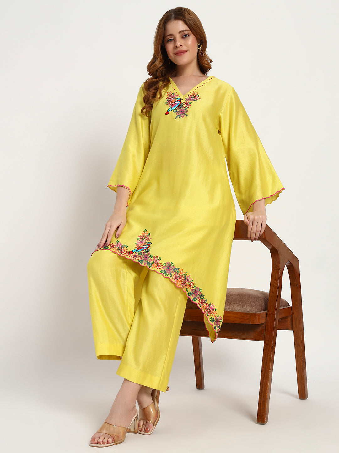 Marigold Silk-Chanderi Bird-Embroidered Kurta Set