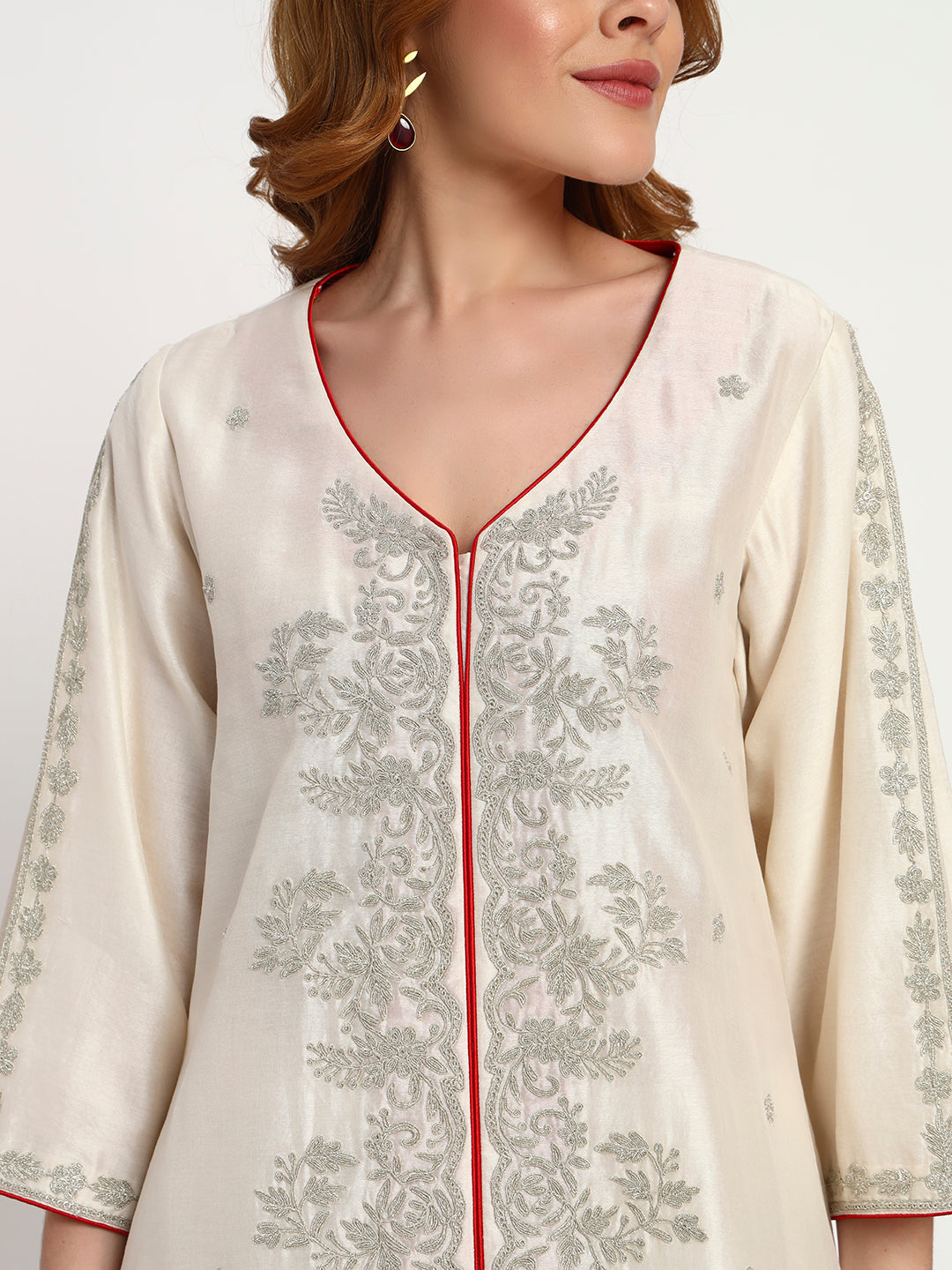 Ivory Silk-Chanderi Kurta Set with Red Piping