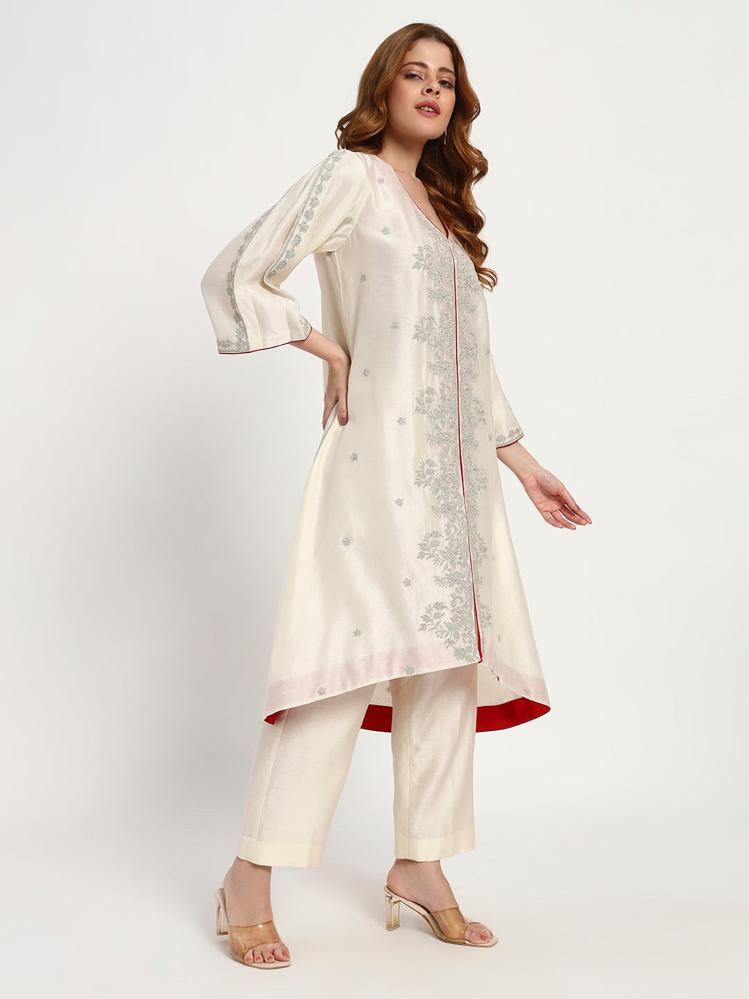 Ivory Silk-Chanderi Kurta Set with Red Piping