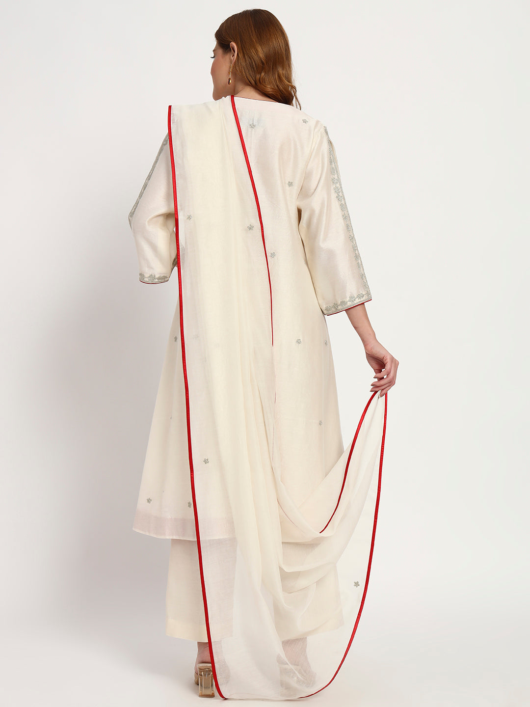 Ivory Silk-Chanderi Kurta Set with Red Piping