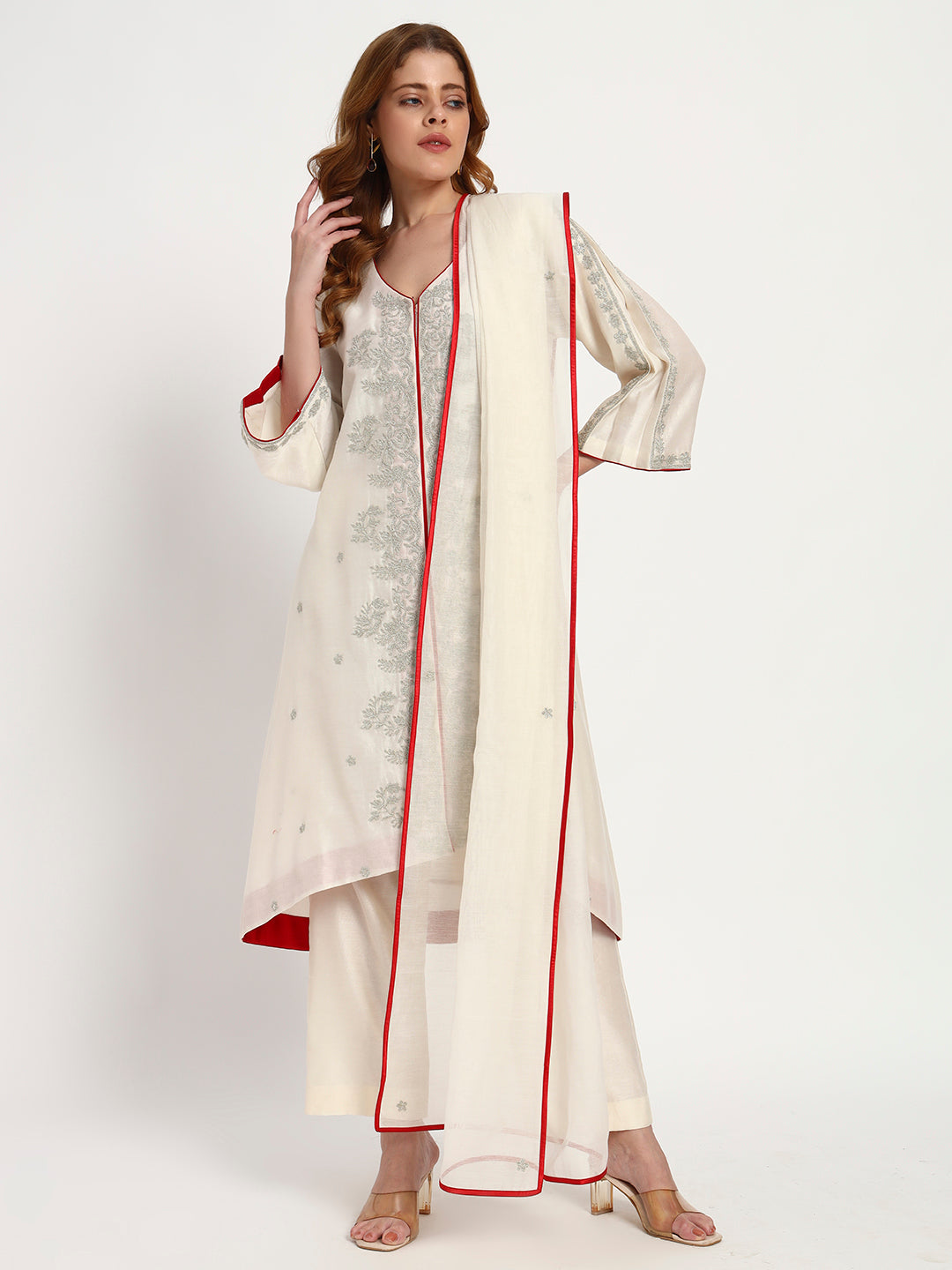 Ivory Silk-Chanderi Kurta Set with Red Piping