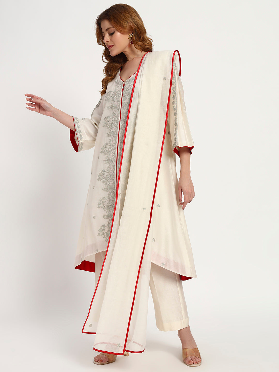Ivory Silk-Chanderi Kurta Set with Red Piping