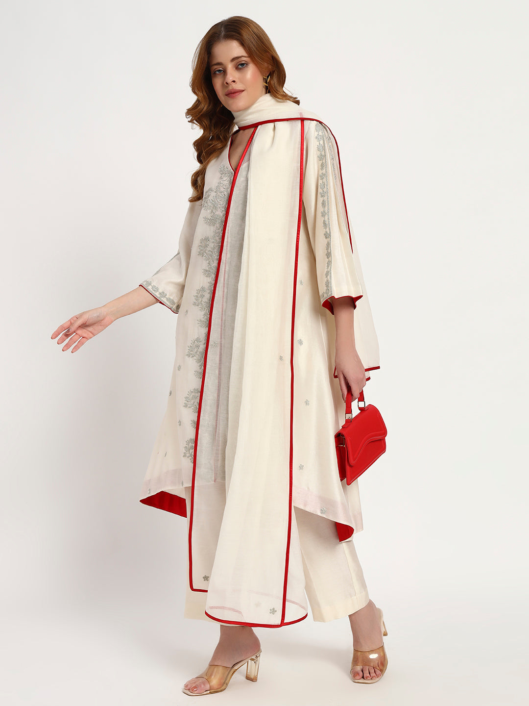 Ivory Silk-Chanderi Kurta Set with Red Piping