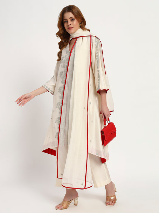 Ivory Silk-Chanderi Kurta Set with Red Piping