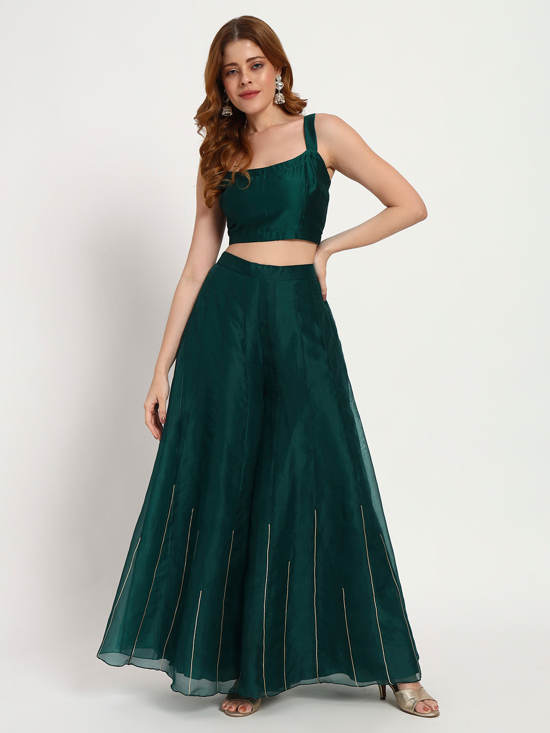 Bottle Green Organza Sunburst Jacket Set