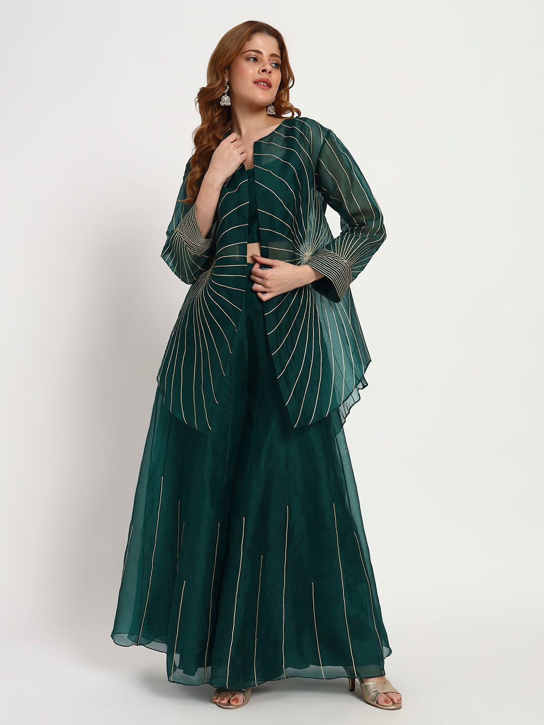 Bottle Green Organza Sunburst Jacket Set Gotta Kinari Bottle Green Organza Sunburst Jacket Set Gotta Kinari