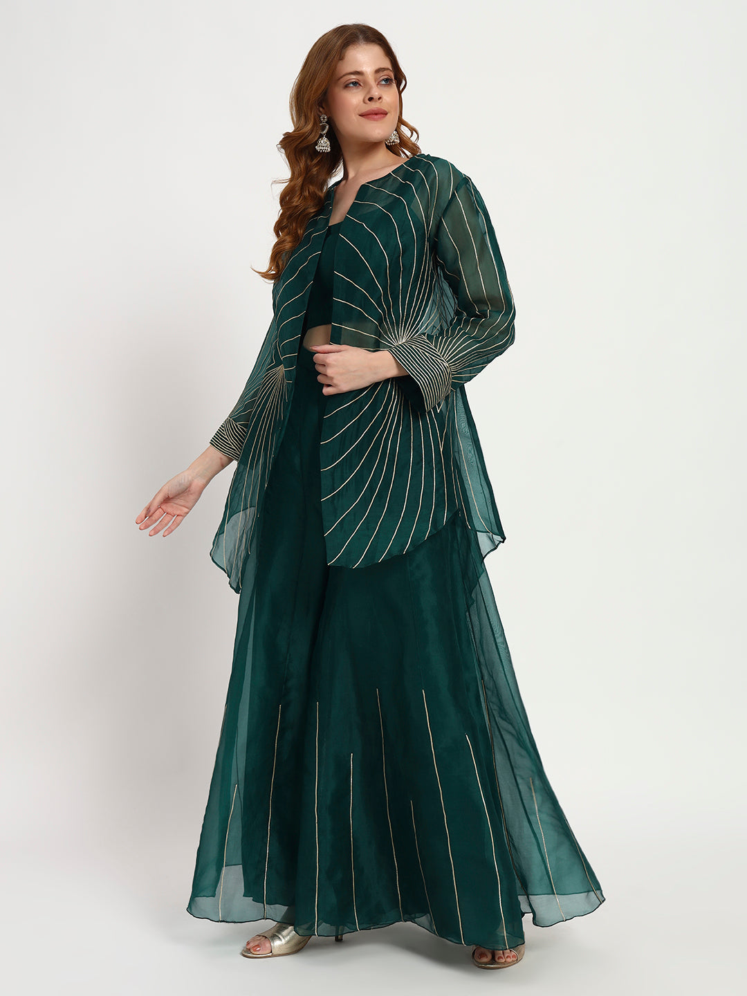 Bottle Green Organza Sunburst Jacket Set