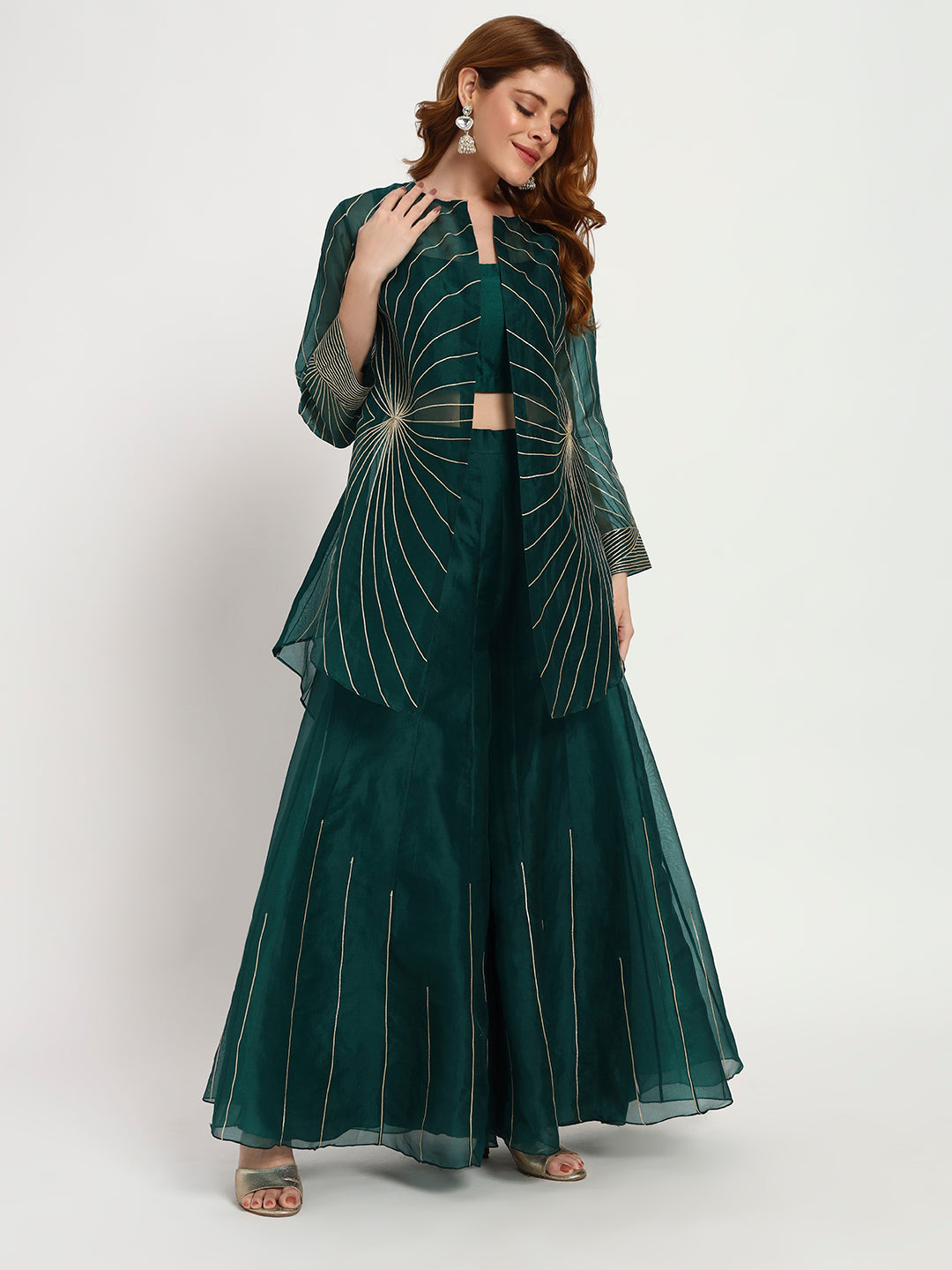 Bottle Green Organza Sunburst Jacket Set