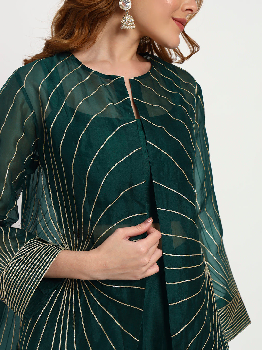 Bottle Green Organza Sunburst Jacket Set