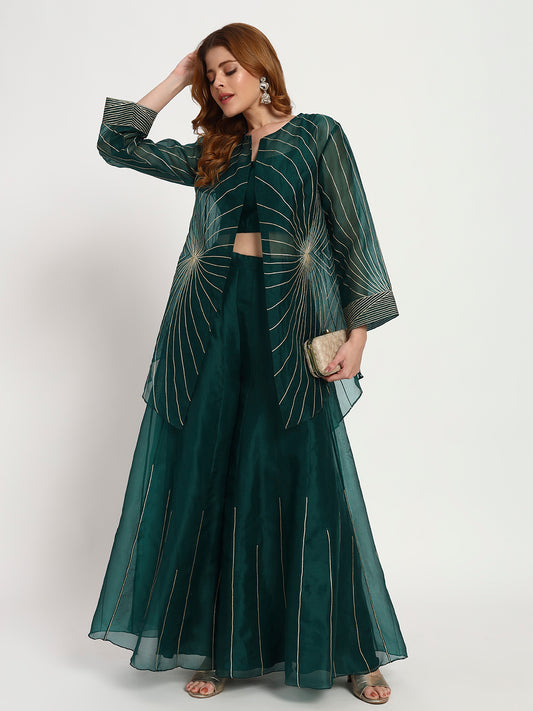Bottle Green Organza Sunburst Jacket Set