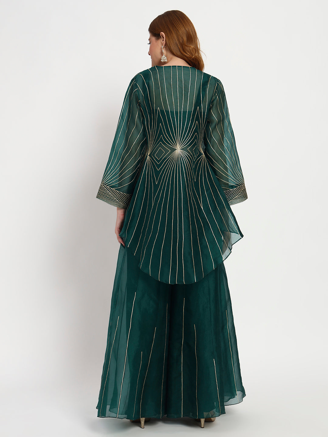 Bottle Green Organza Sunburst Jacket Set