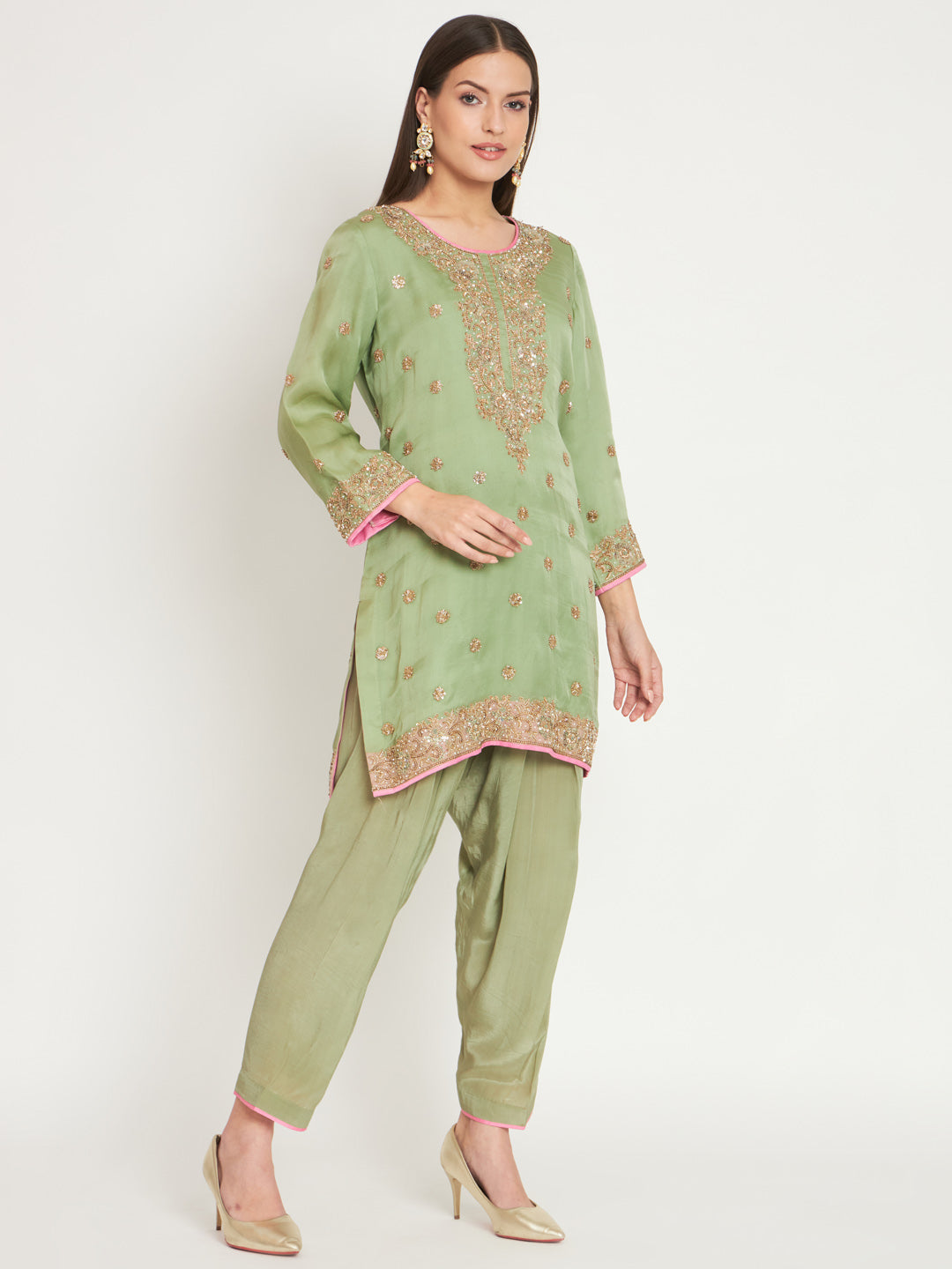 Graceful Green Embroidered Kurta & Dhoti Set