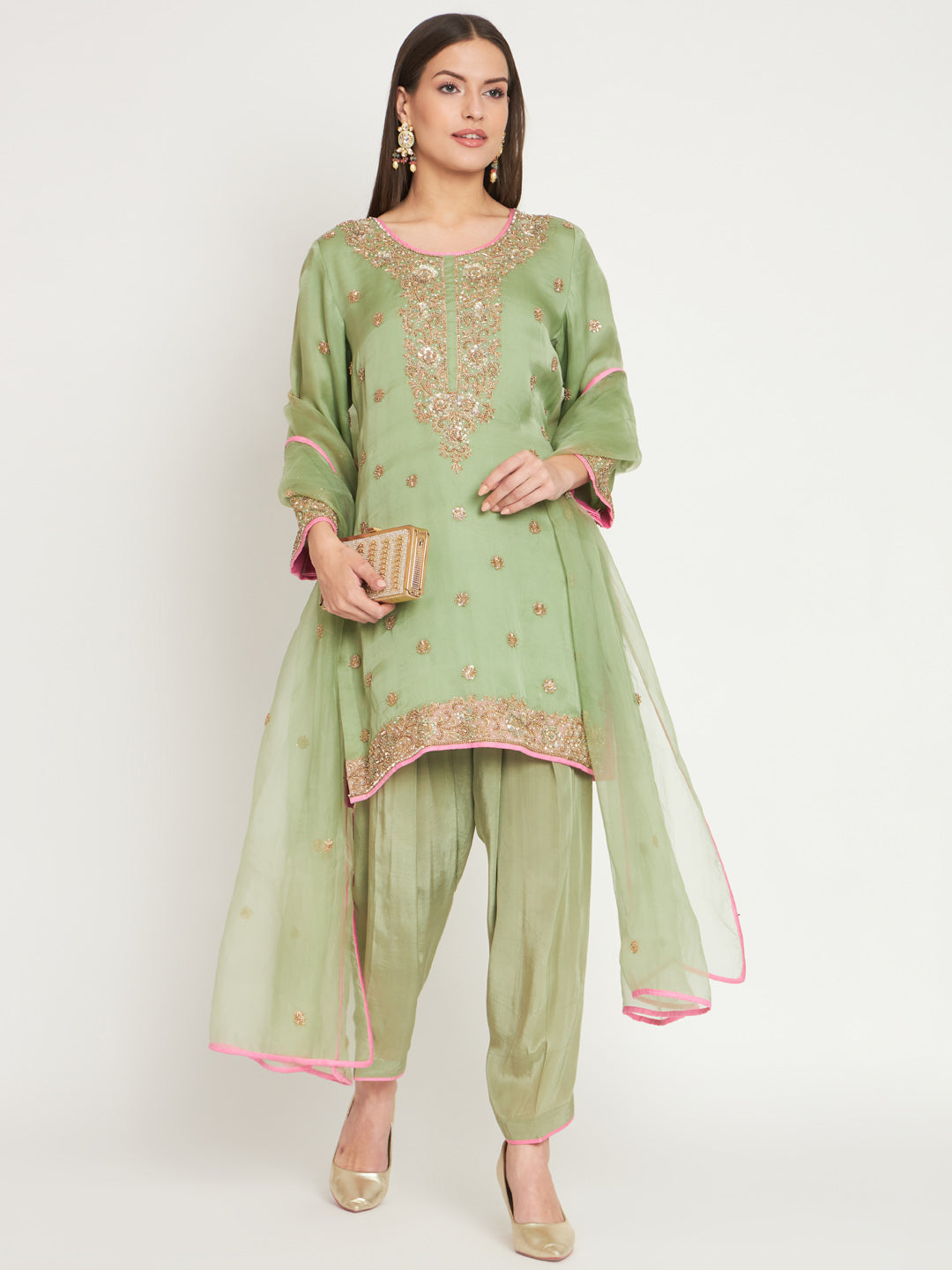 Graceful Green Embroidered Kurta & Dhoti Set