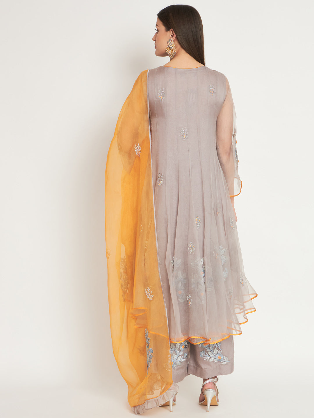 Grey and Mustard Embroidered Organza Kurta