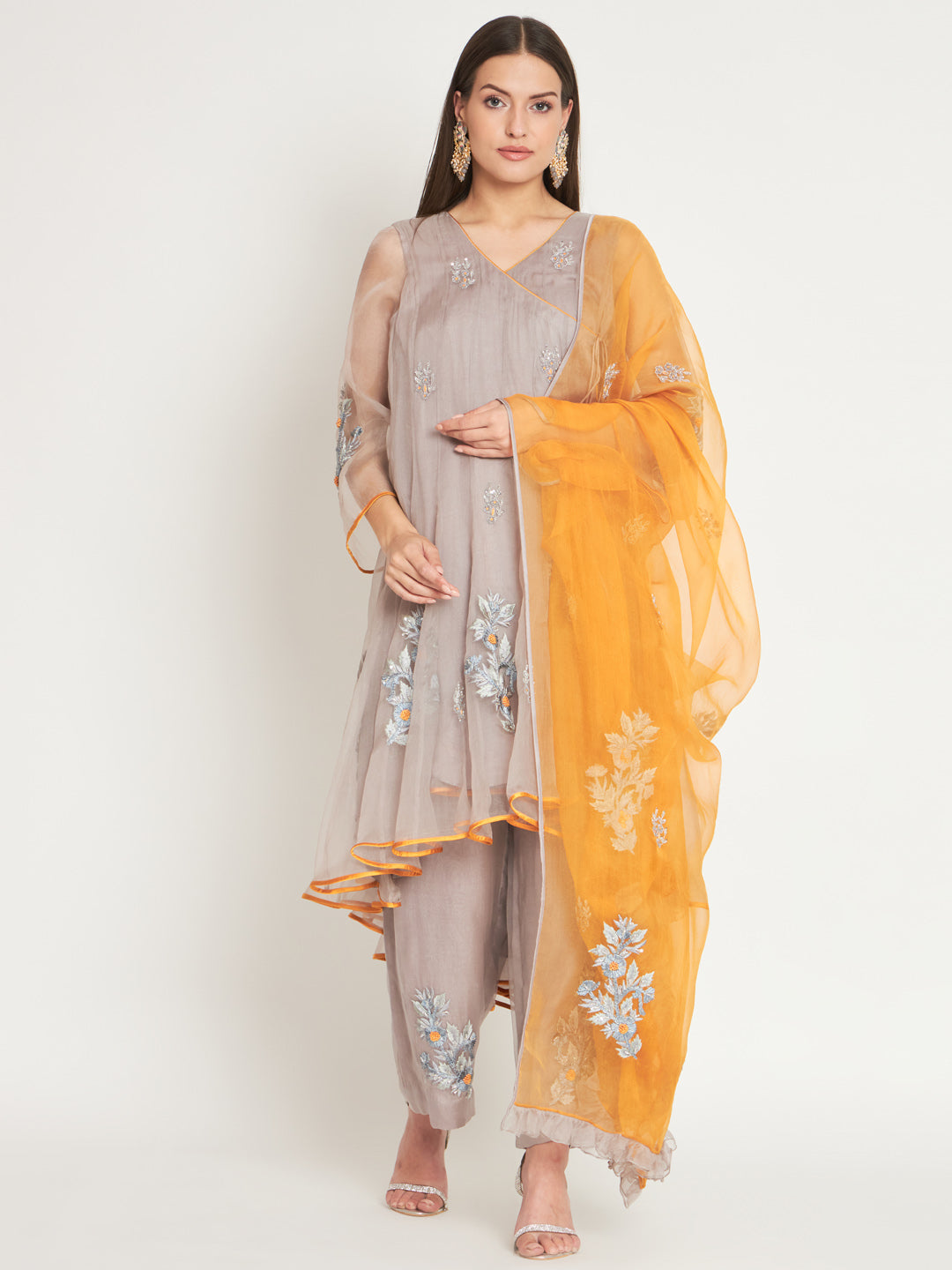 Grey and Mustard Embroidered Organza Kurta