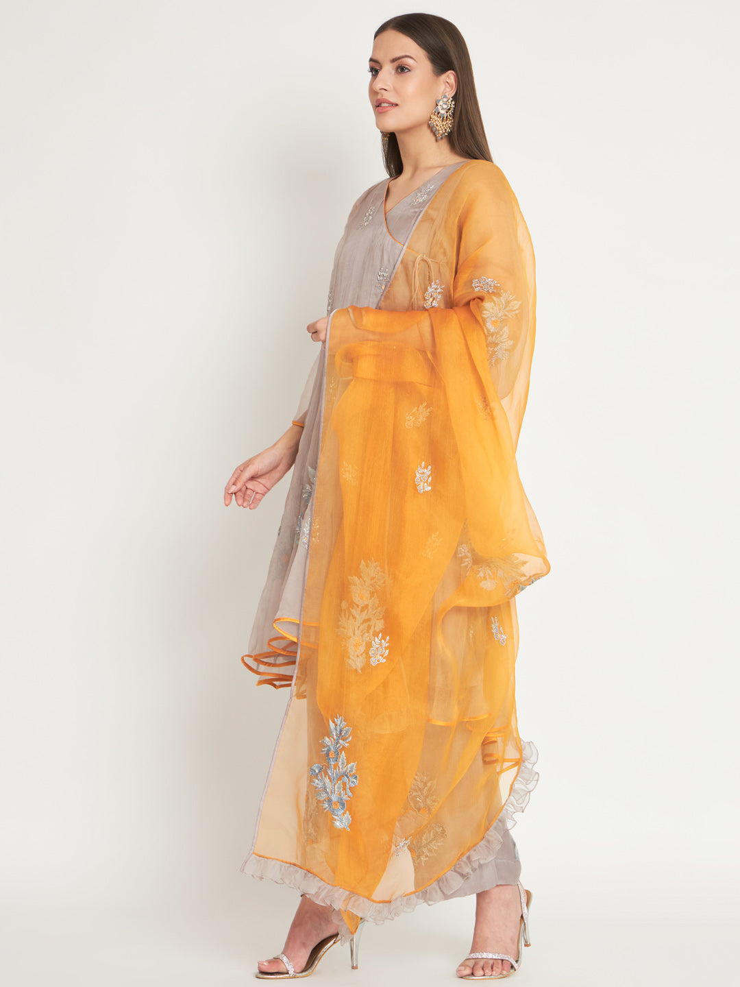 Grey and Mustard Embroidered Organza Kurta