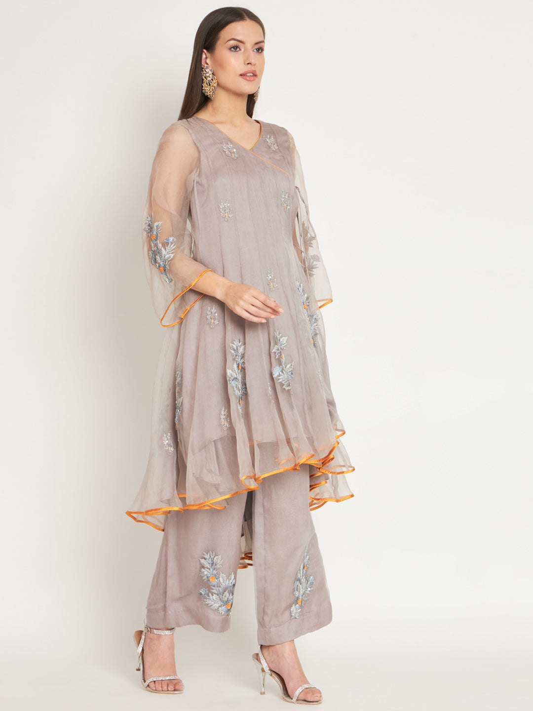 Grey and Mustard Embroidered Organza Kurta