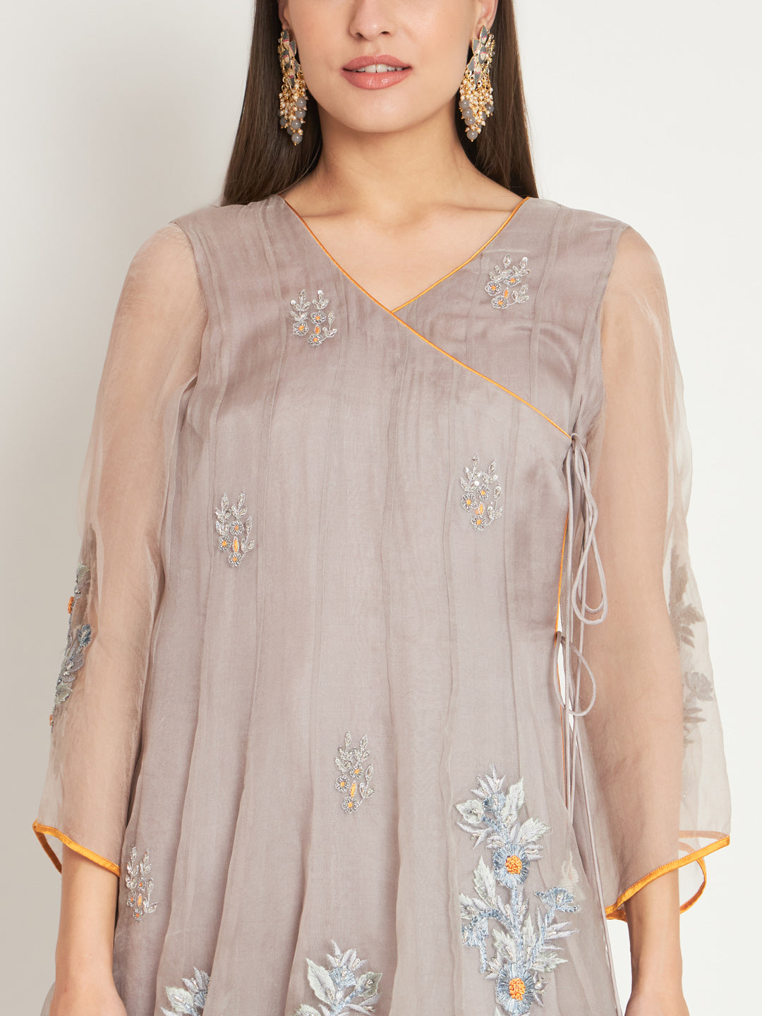 Grey and Mustard Embroidered Organza Kurta