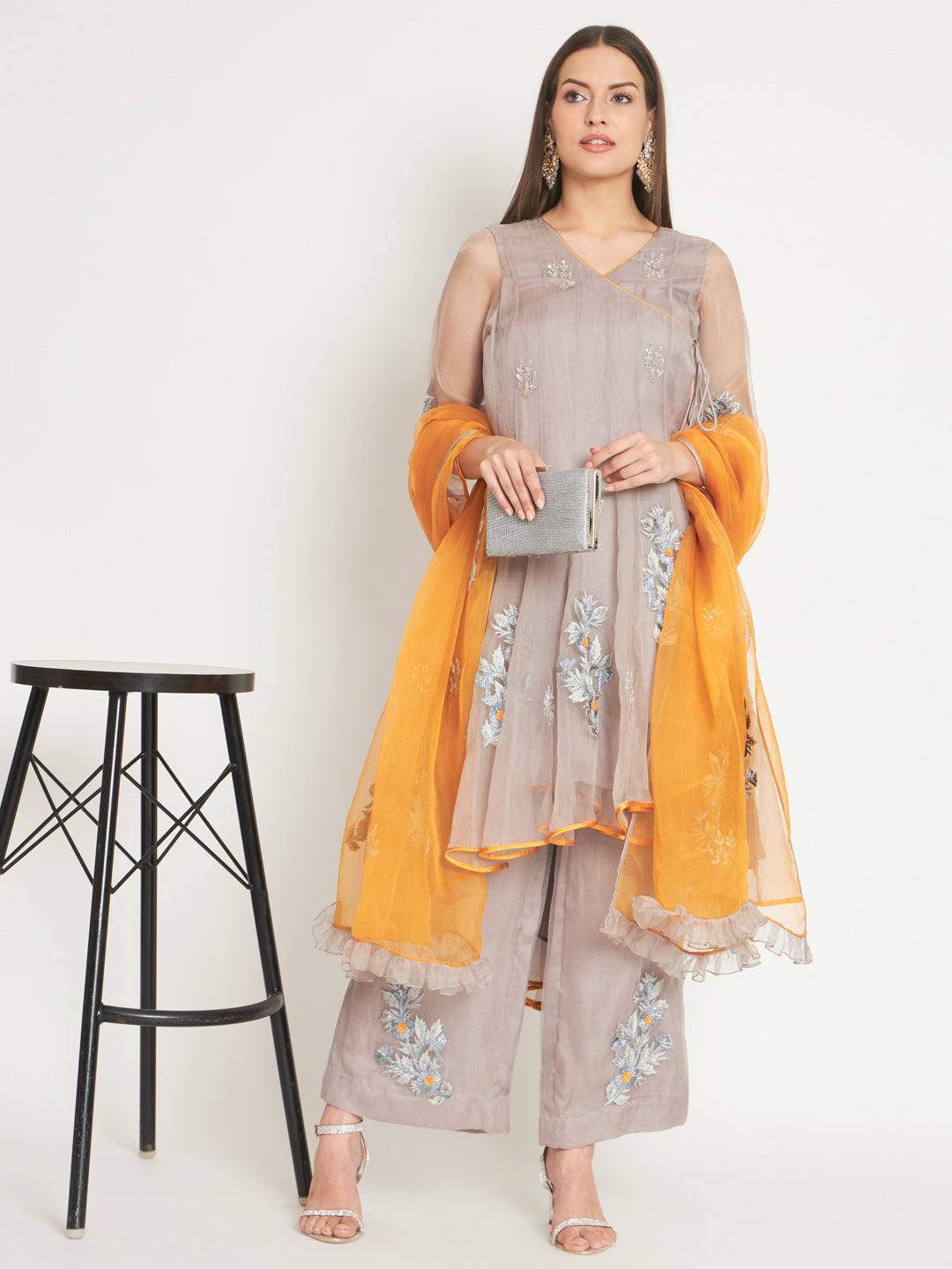 Grey and Mustard Embroidered Organza Kurta