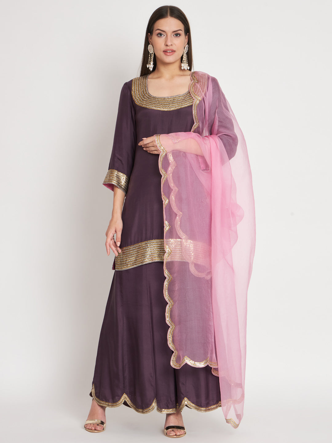 Purple and Pink Silk Kurta with Sequin Hand Embroidery