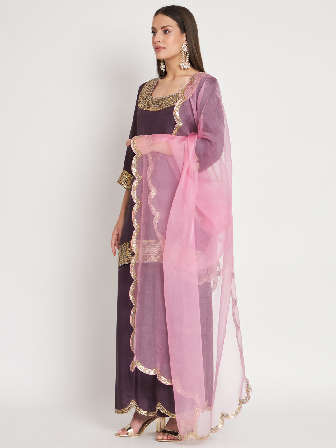 Purple and Pink Silk Kurta with Sequin Hand Embroidery